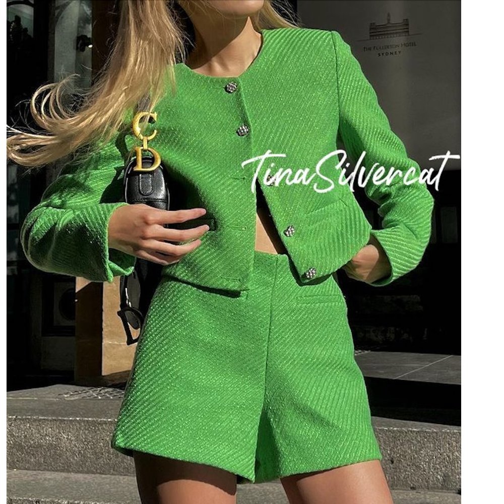Zara Green Tweed Shorts NWT - Picture 9 of 17